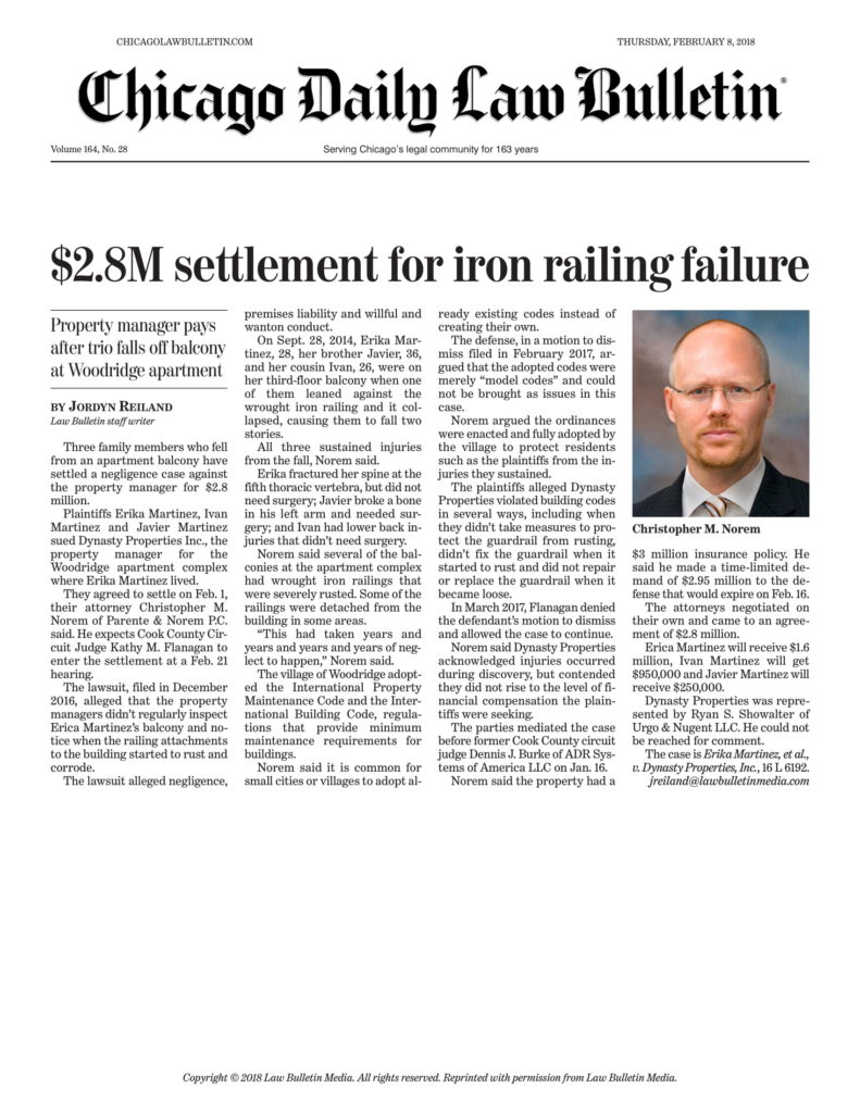$2.8M settlement for Iron Railing Failure
